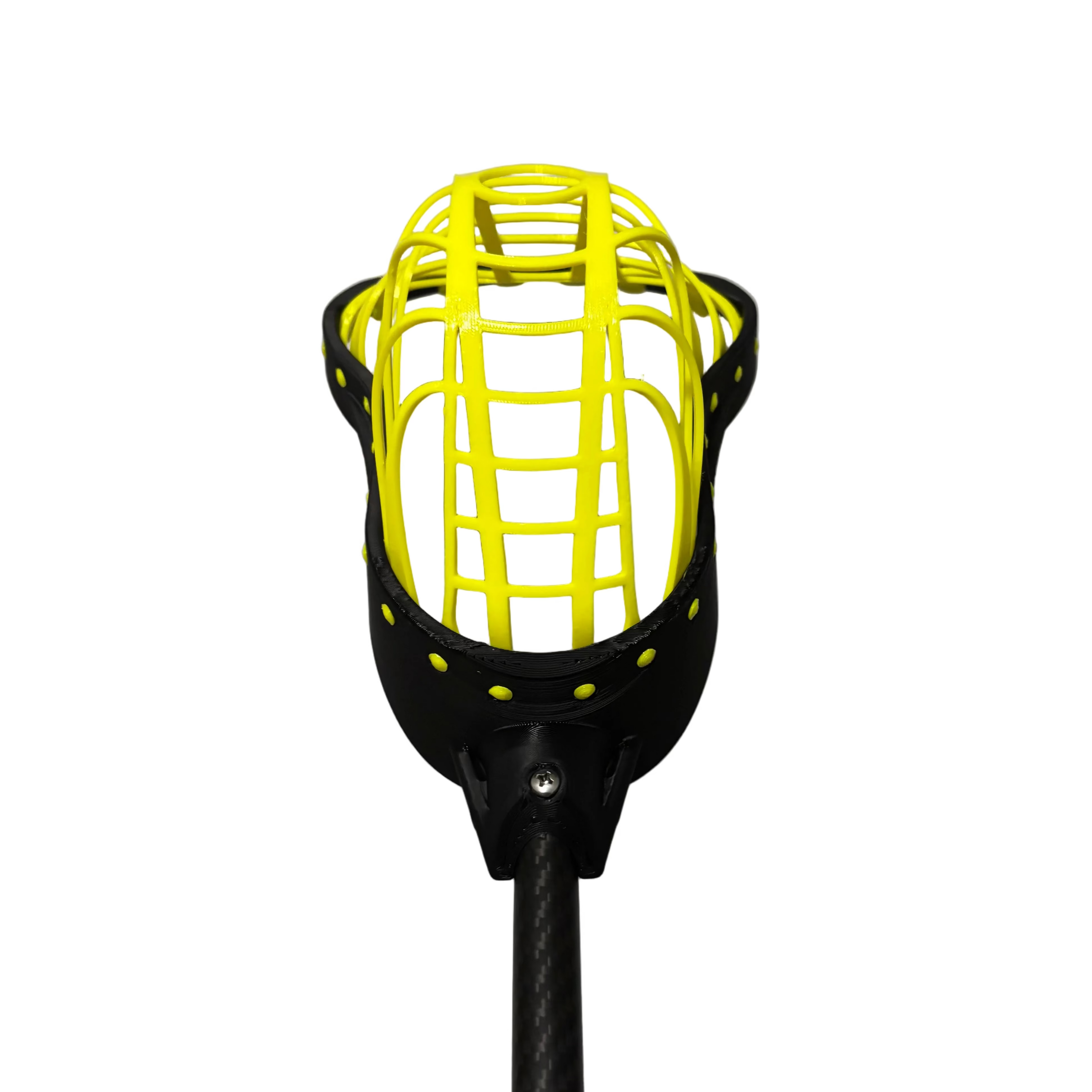 Black lacrosse head on a black shaft against a white background