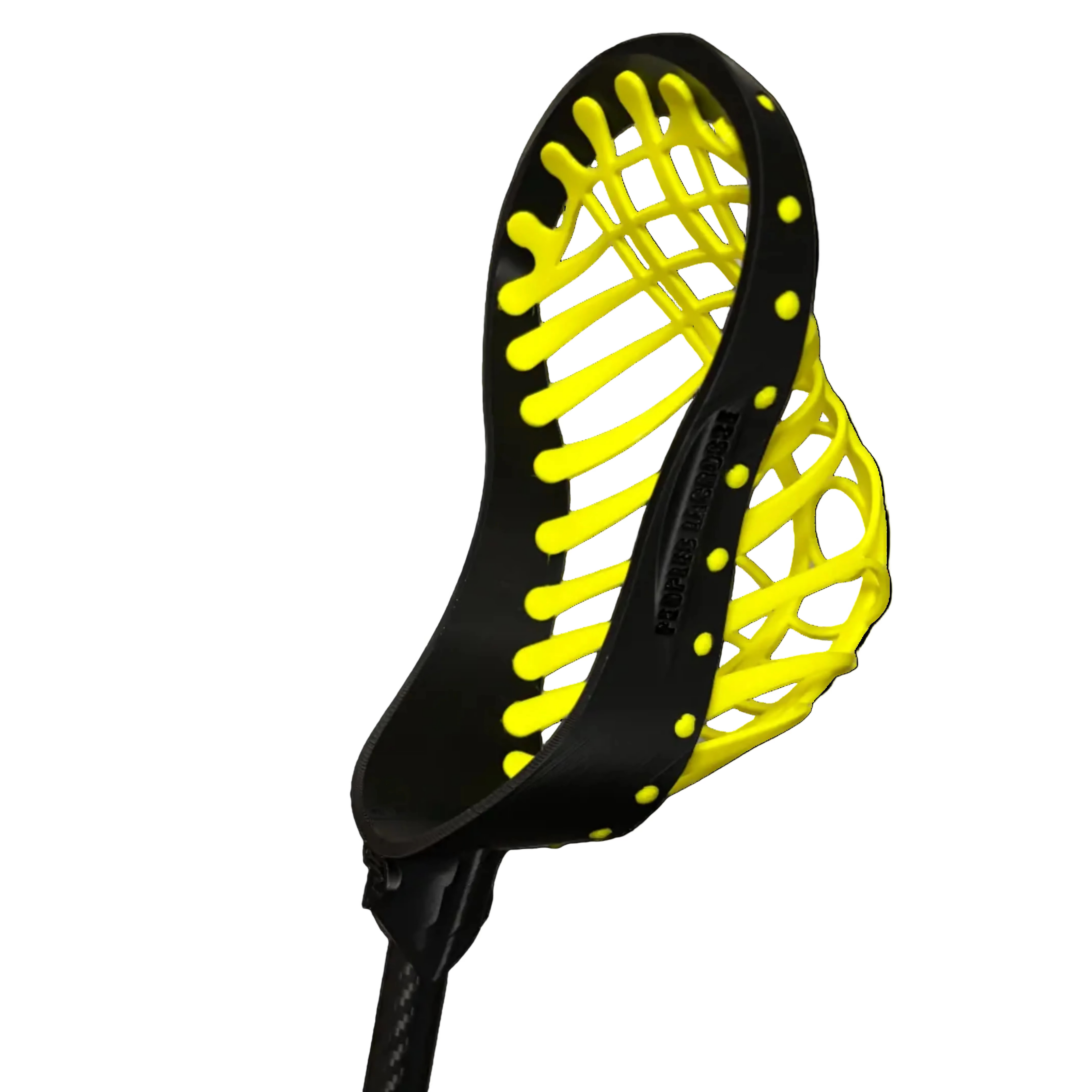 Black and yellow lacrosse head against a white wall
