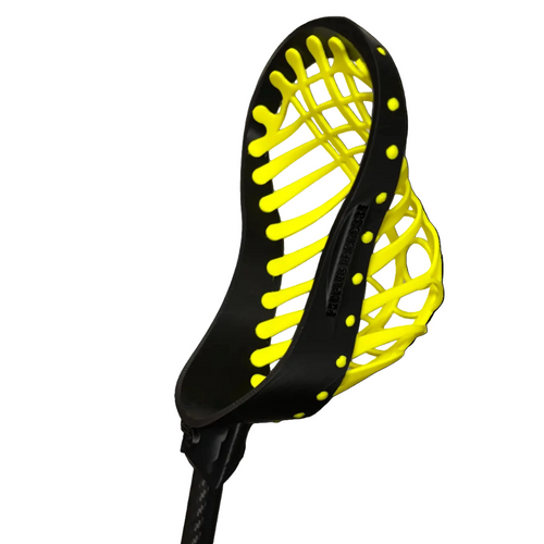 Black and yellow lacrosse head against a white wall