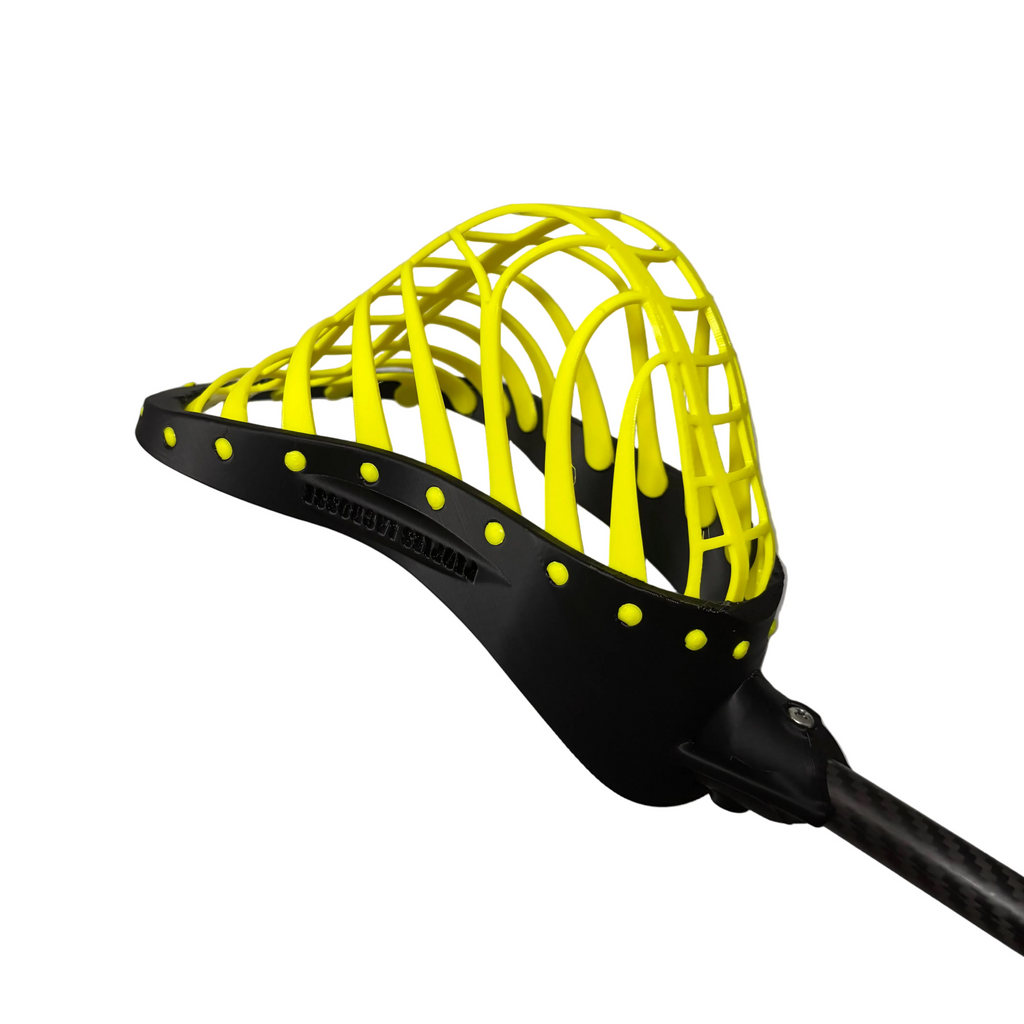 Black and yellow lacrosse head on a white background