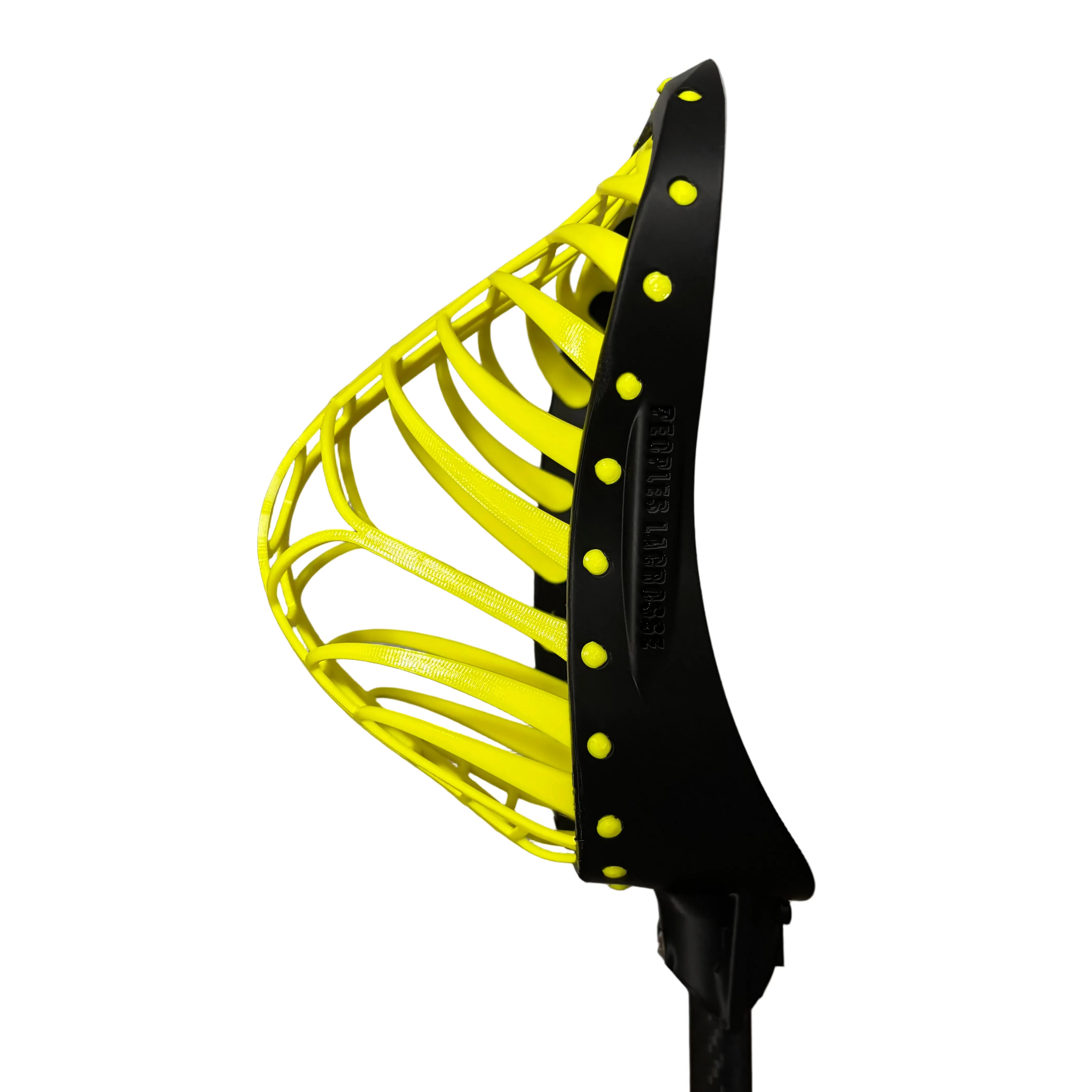 Black and yellow lacrosse head on a white background