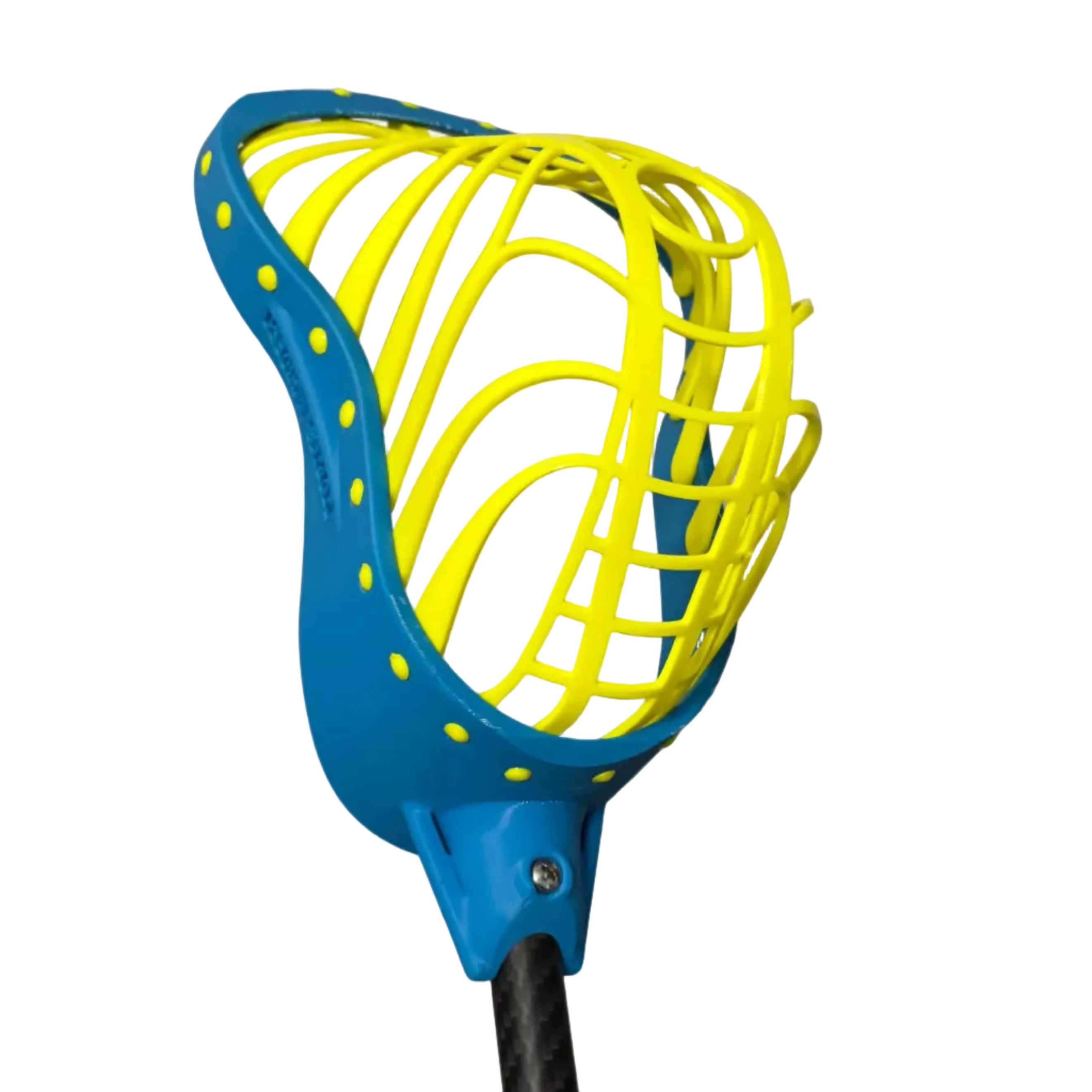 Blue and yellow lacrosse head on a gray background