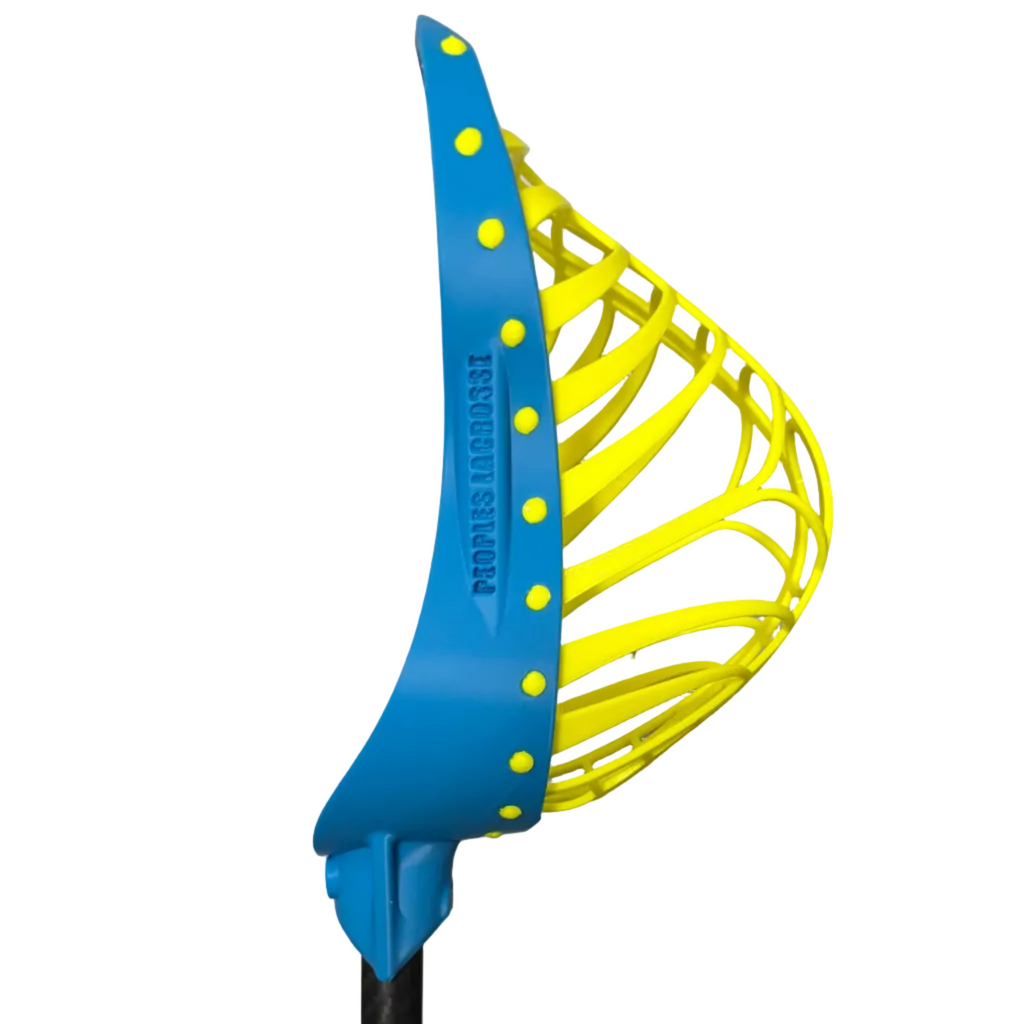 Blue and yellow lacrosse head on a gray background