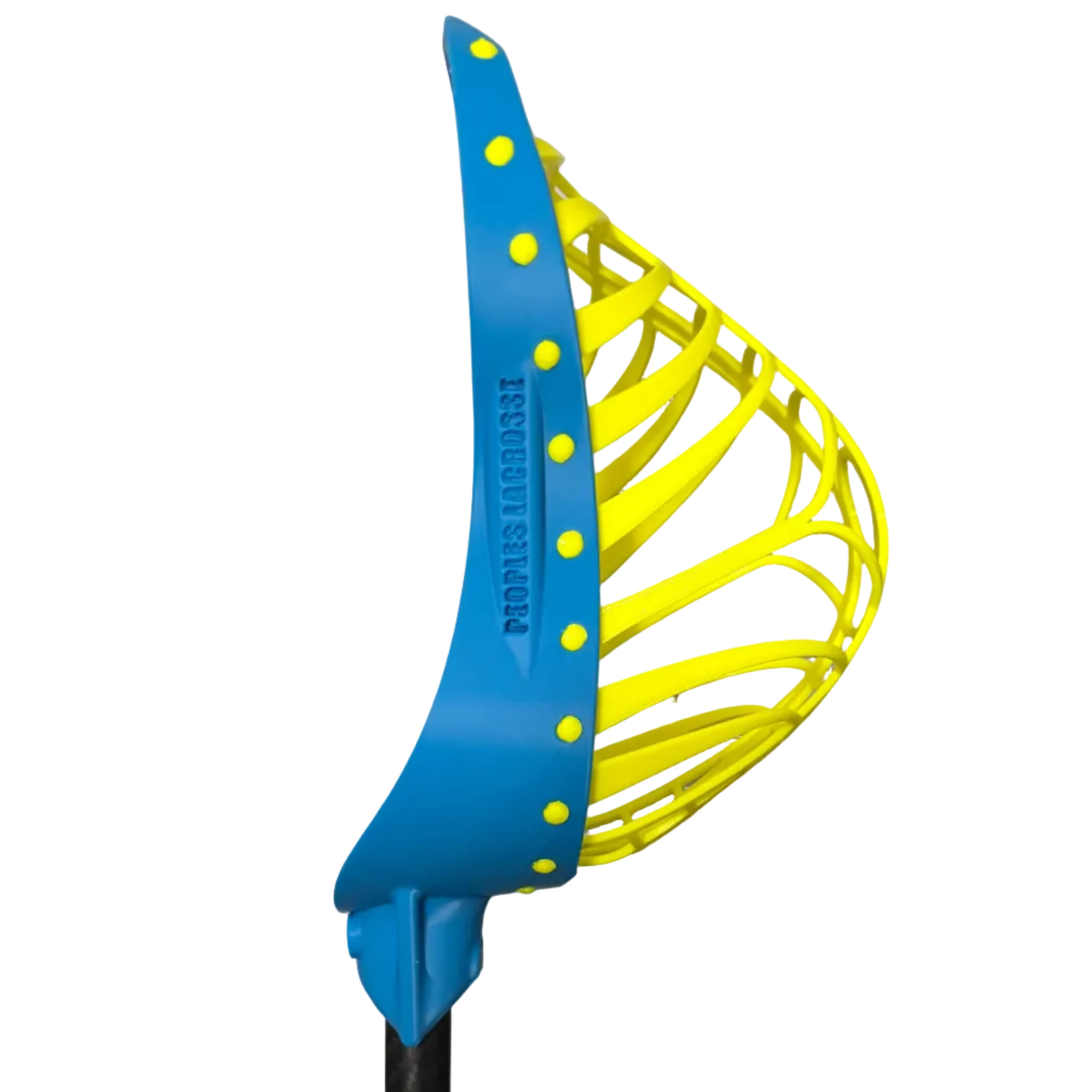 Blue and yellow lacrosse head on a gray background