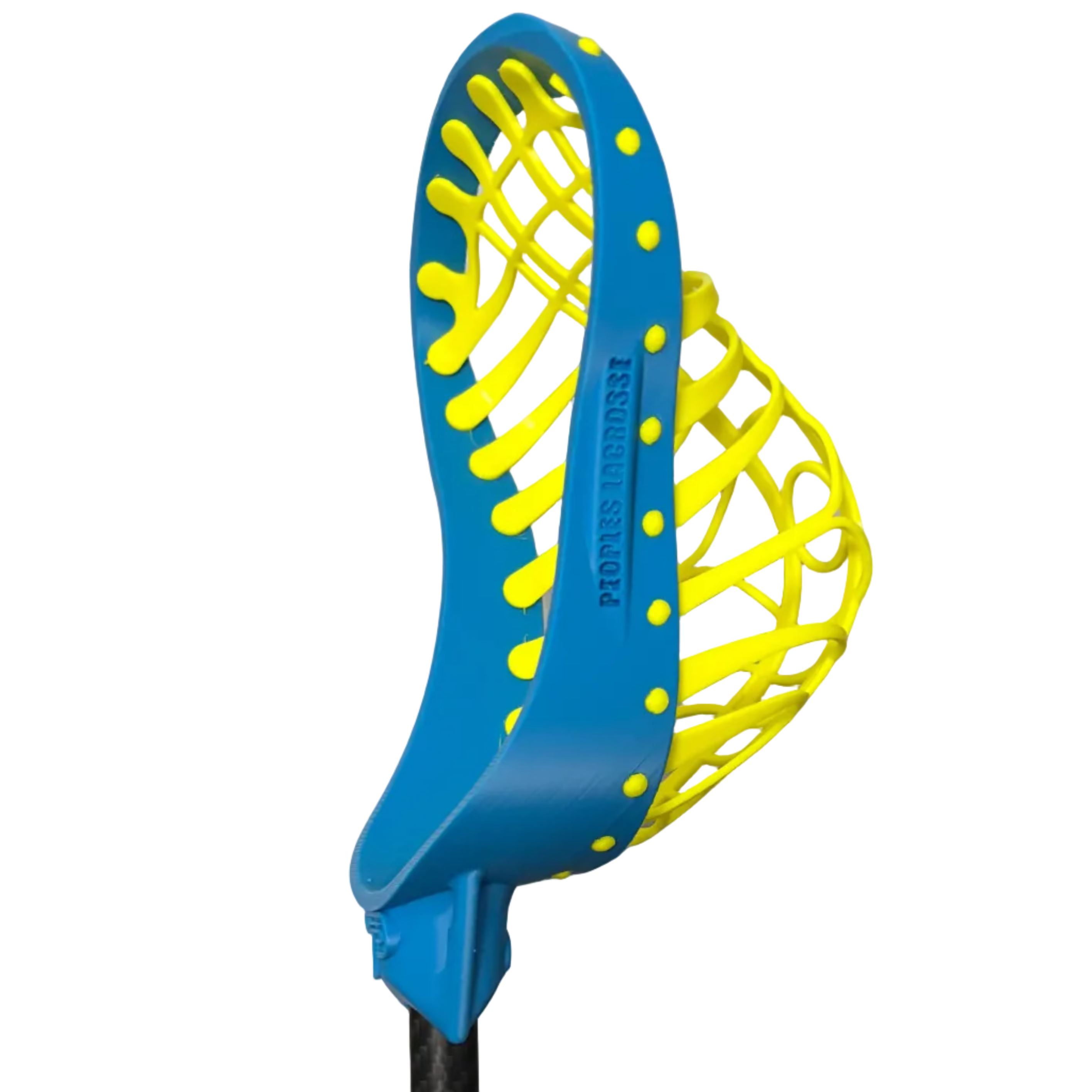 Blue and yellow lacrosse head against a white wall