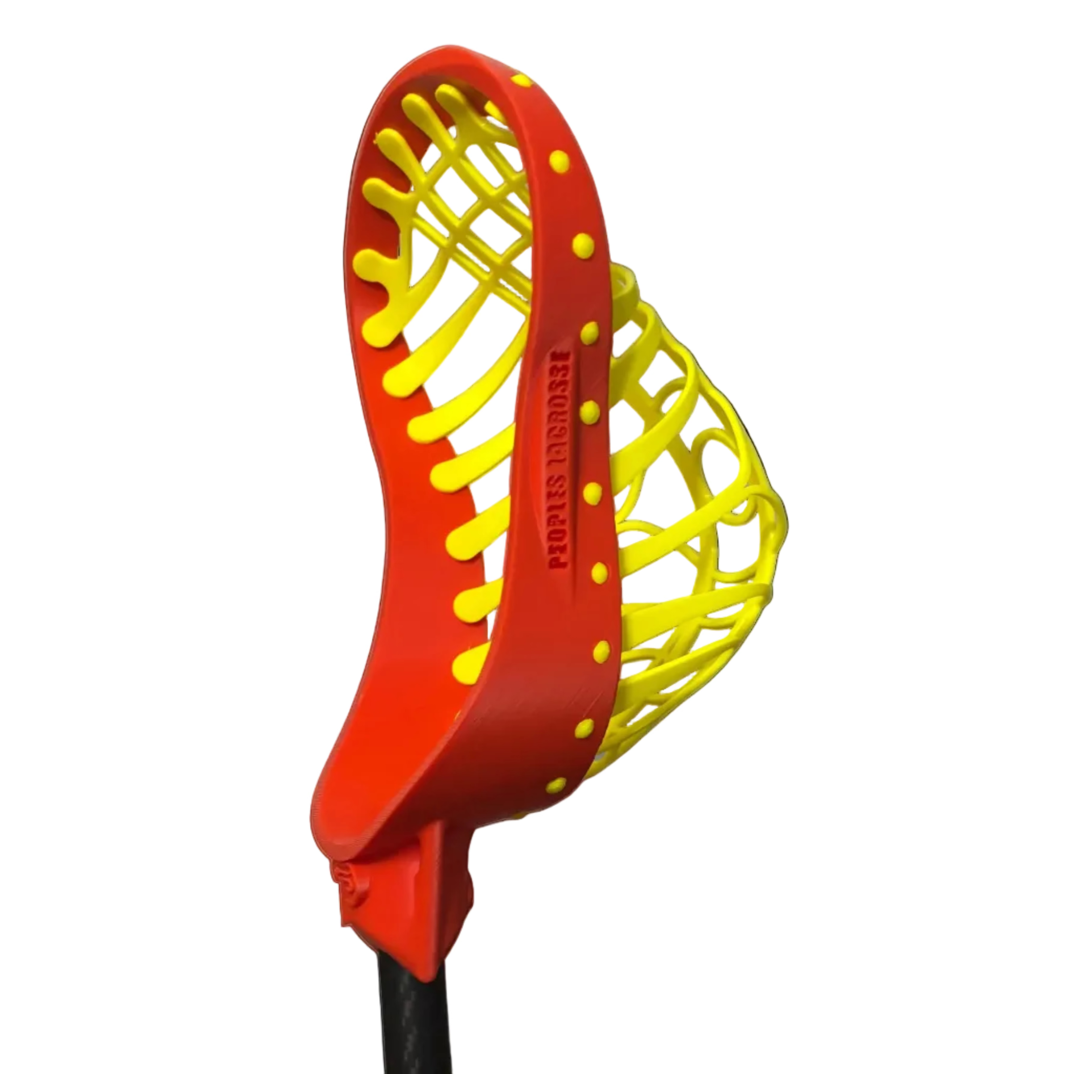 Red and yellow lacrosse head on a white background