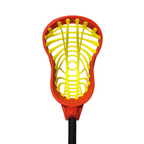 Red and yellow lacrosse head on a white background