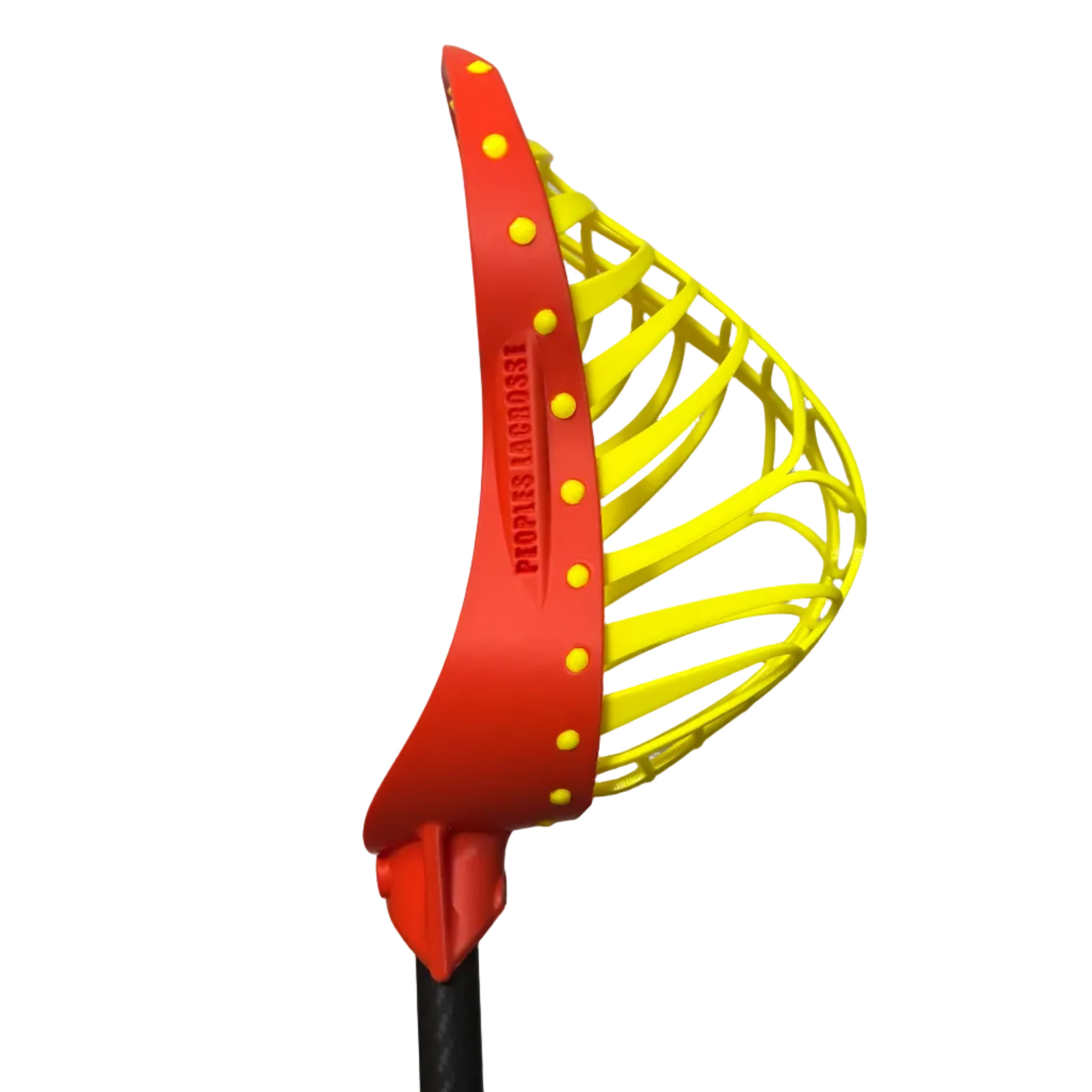 Yellow and orange lacrosse head against a white wall