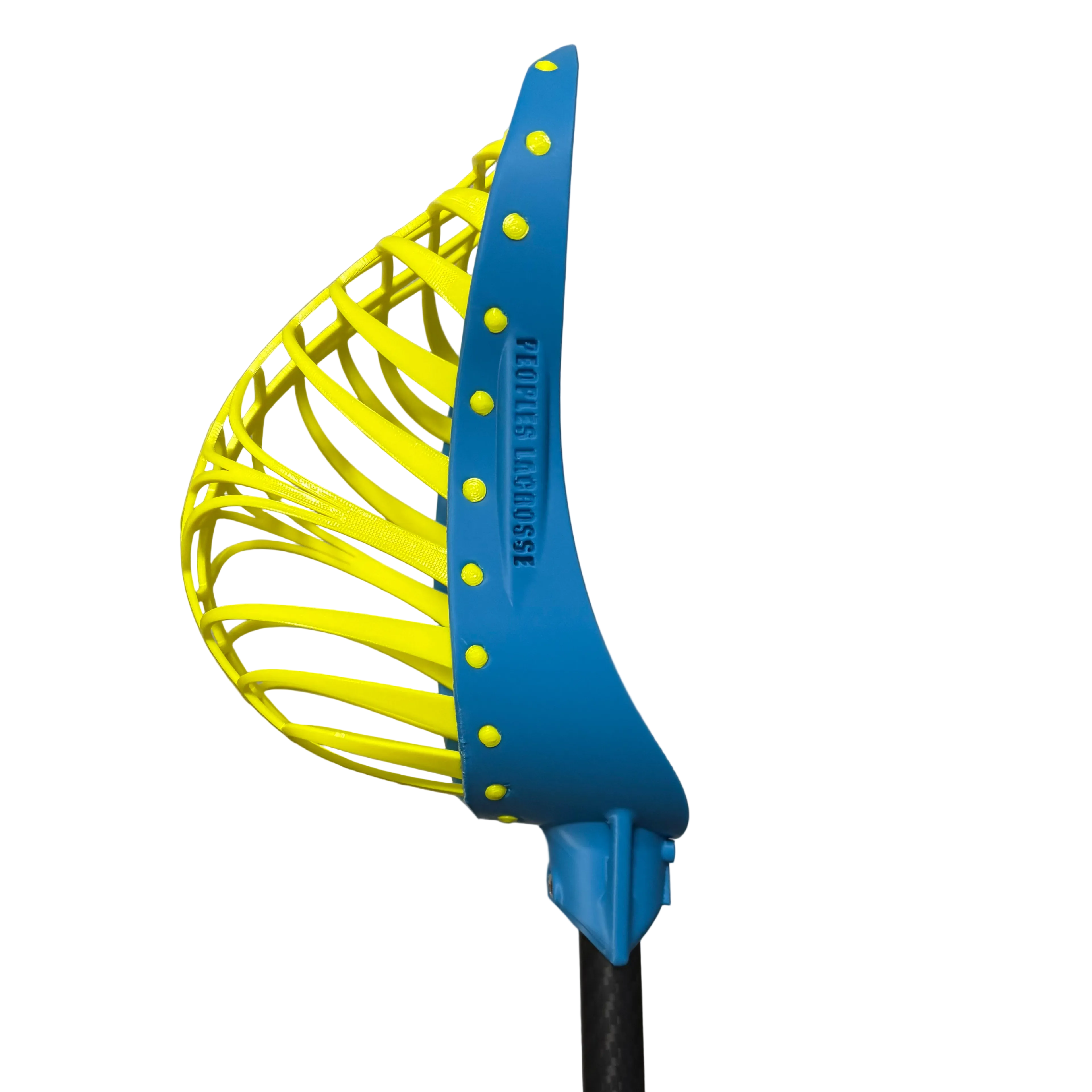 Blue and yellow lacrosse head on a gray background