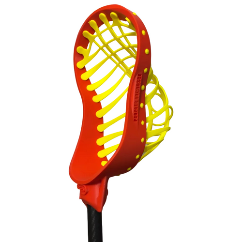 Red and yellow lacrosse head against a white wall