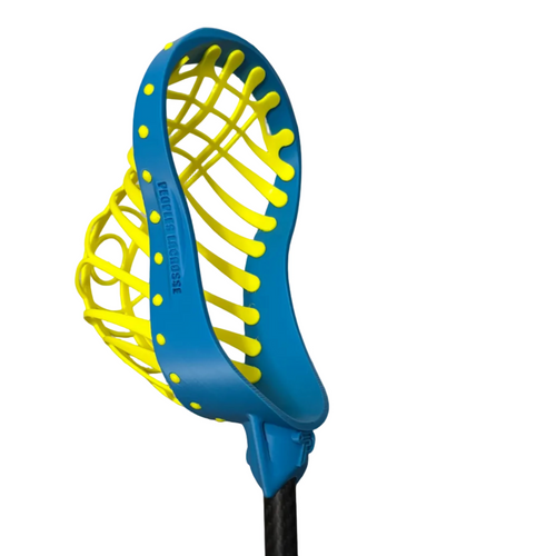 Blue and yellow lacrosse head on a gray background