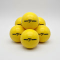 Yellow foam balls for indoor lacrosse training with a brand logo on a white background