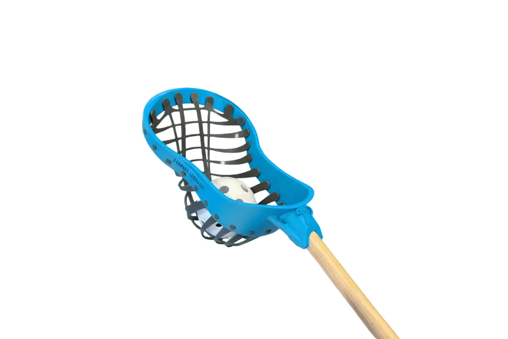 Blue lacrosse head with wooden handle on a white background