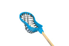 Blue lacrosse head with wooden handle on a white background