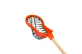 Orange lacrosse head with black strings on a white background