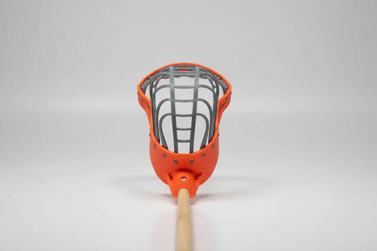 Orange and gray lacrosse stick with a wooden handle