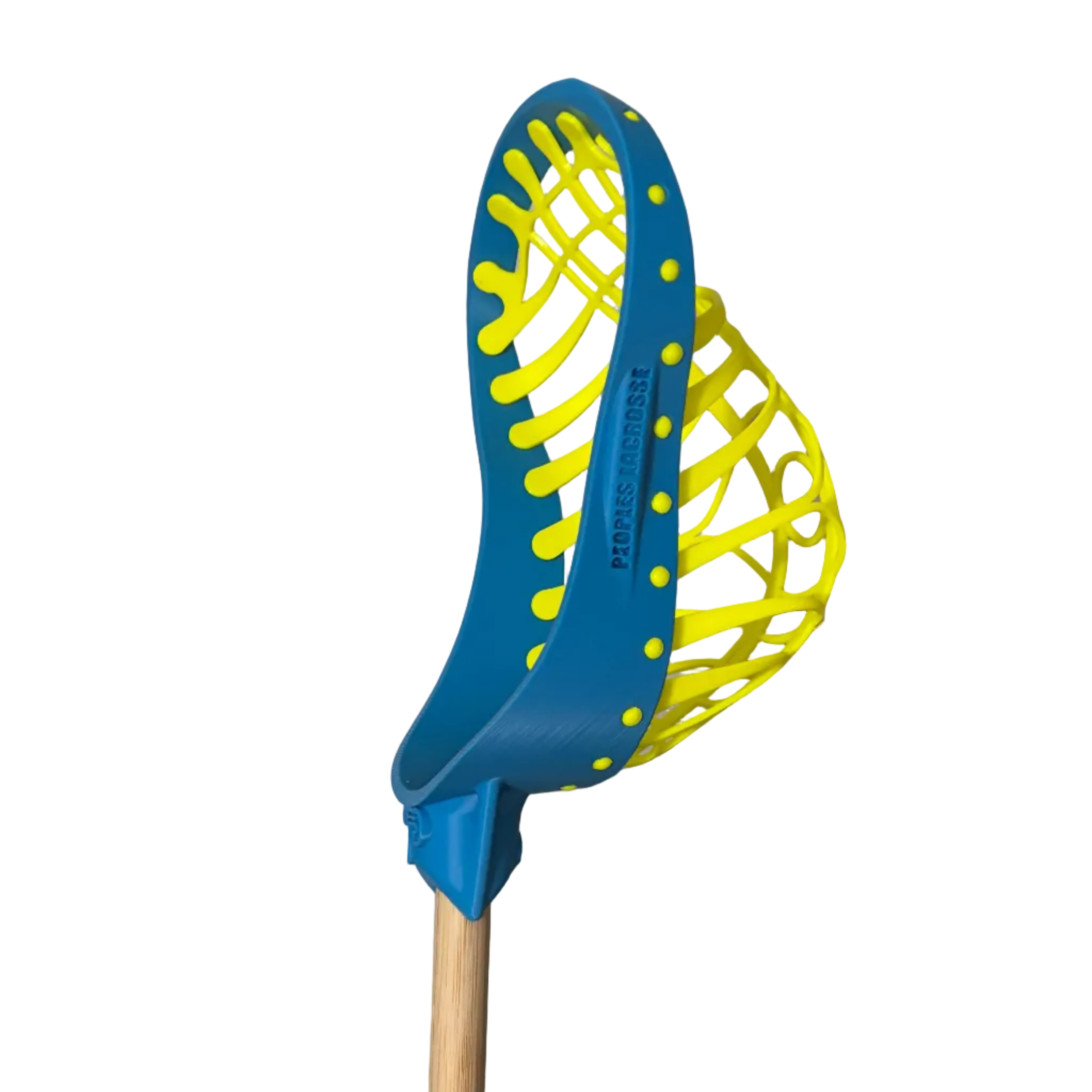 Blue and yellow lacrosse head on a white background