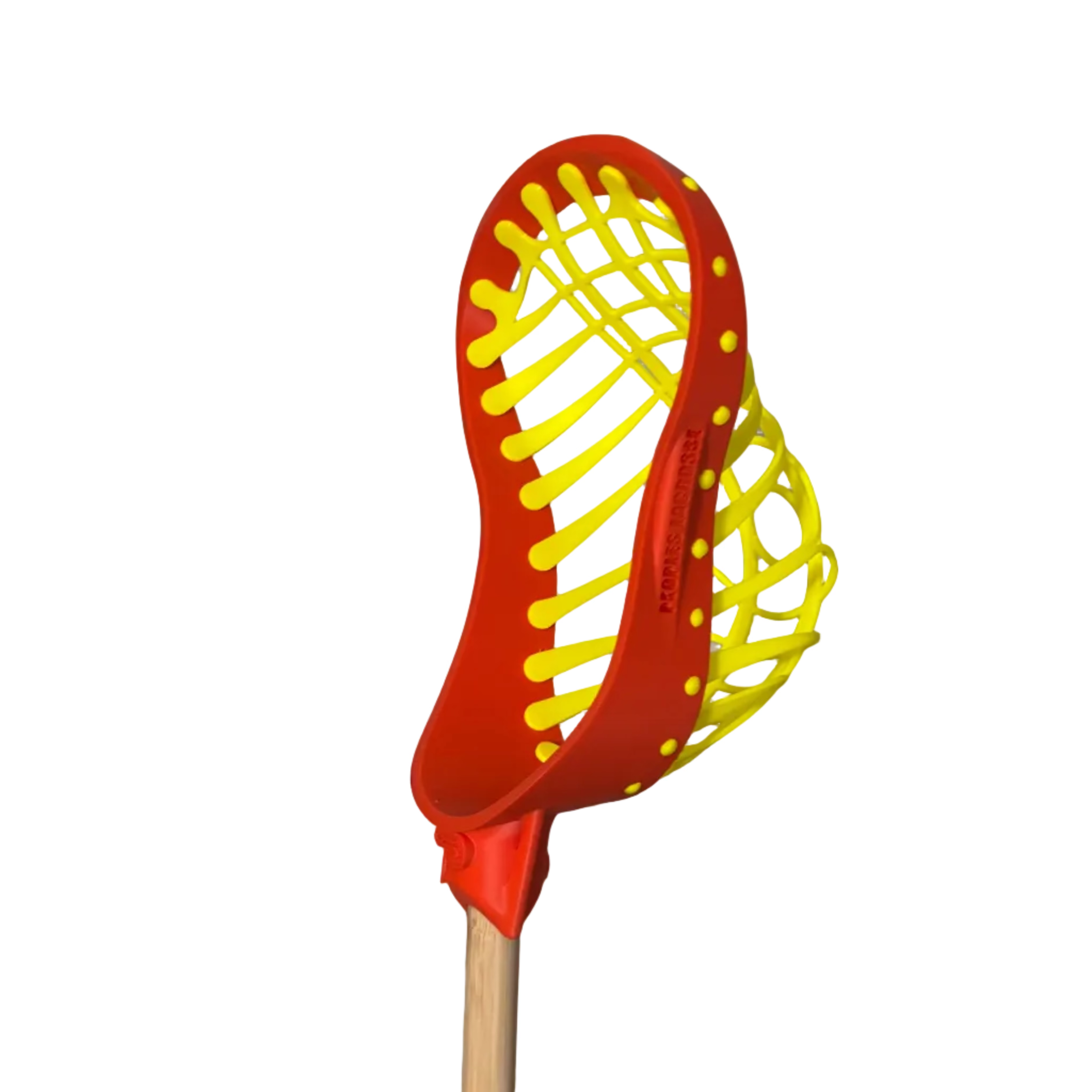 Red and yellow lacrosse head on a white background