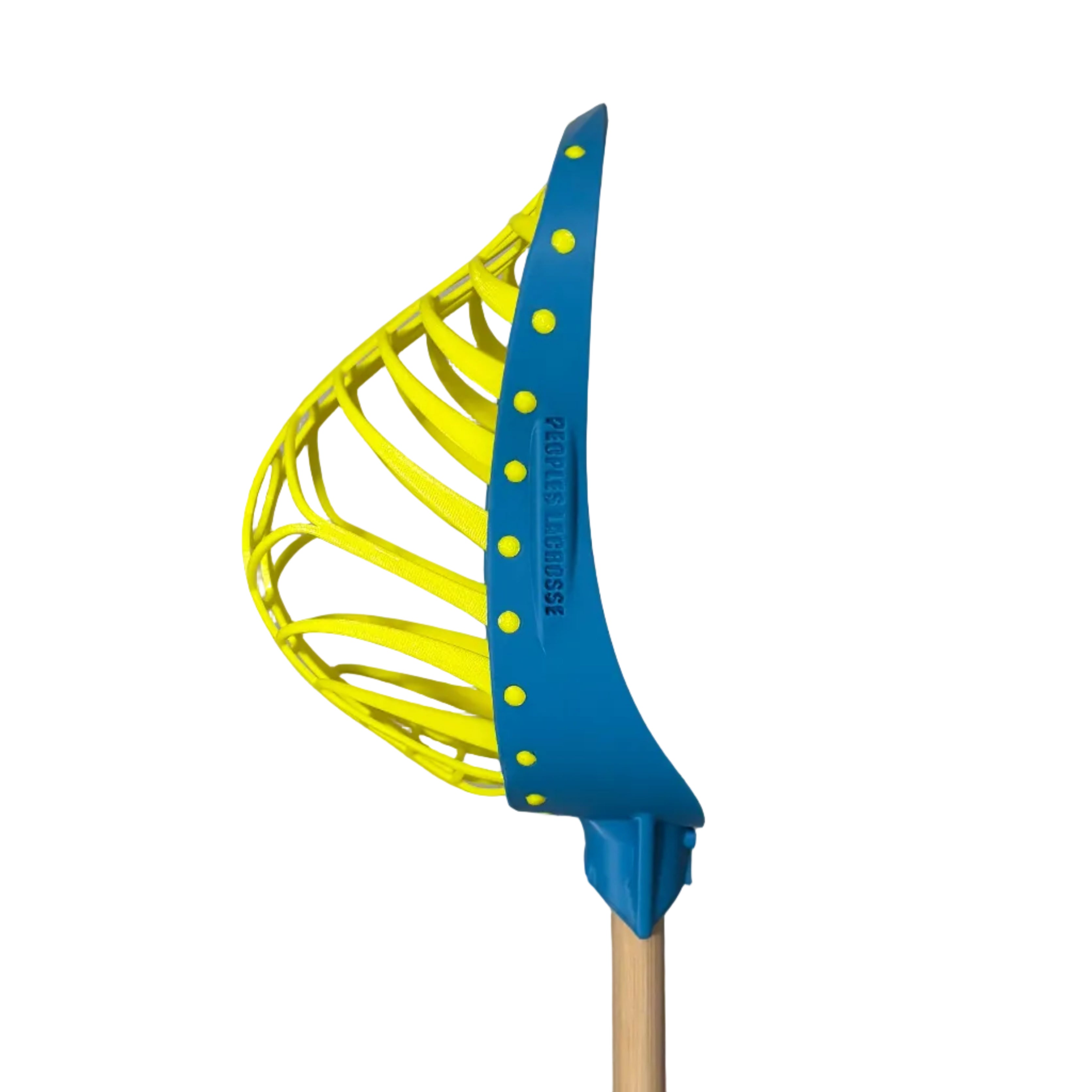 Blue and yellow lacrosse head on a white background