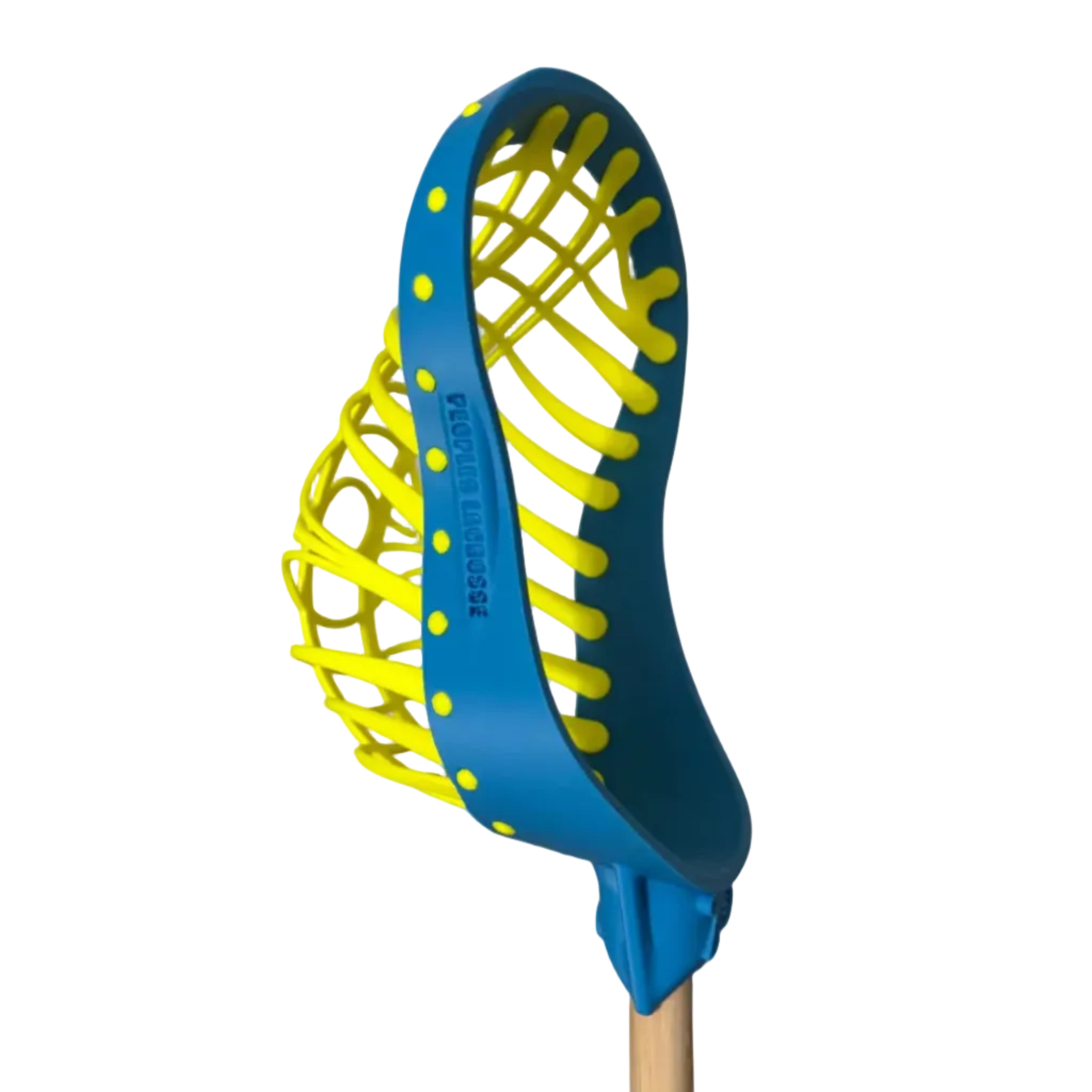 Blue and yellow lacrosse head on a white background