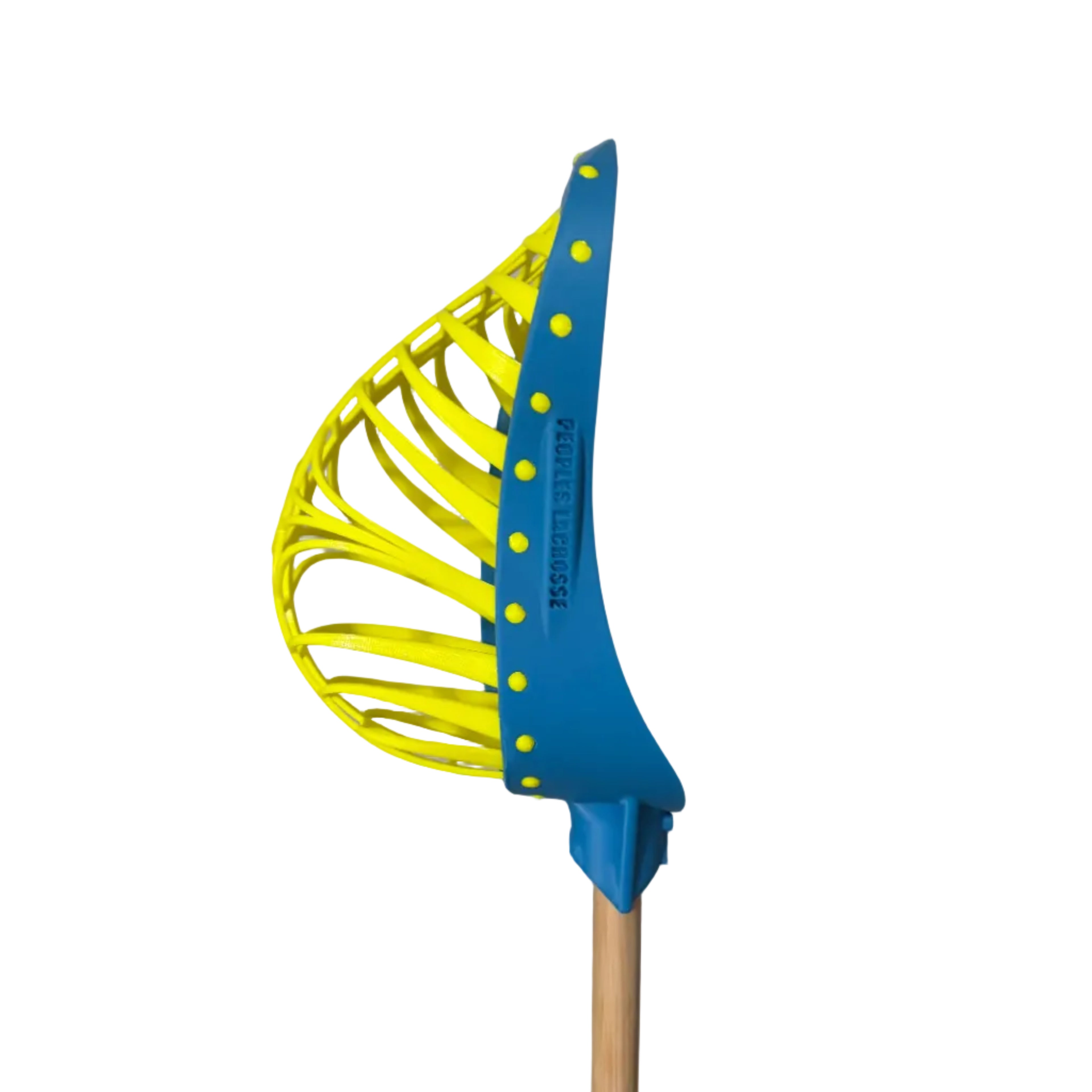 Yellow and blue lacrosse head on a white background