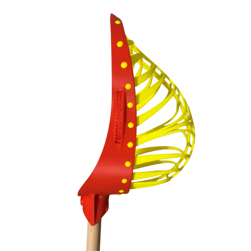 Orange and yellow lacrosse head on a white background