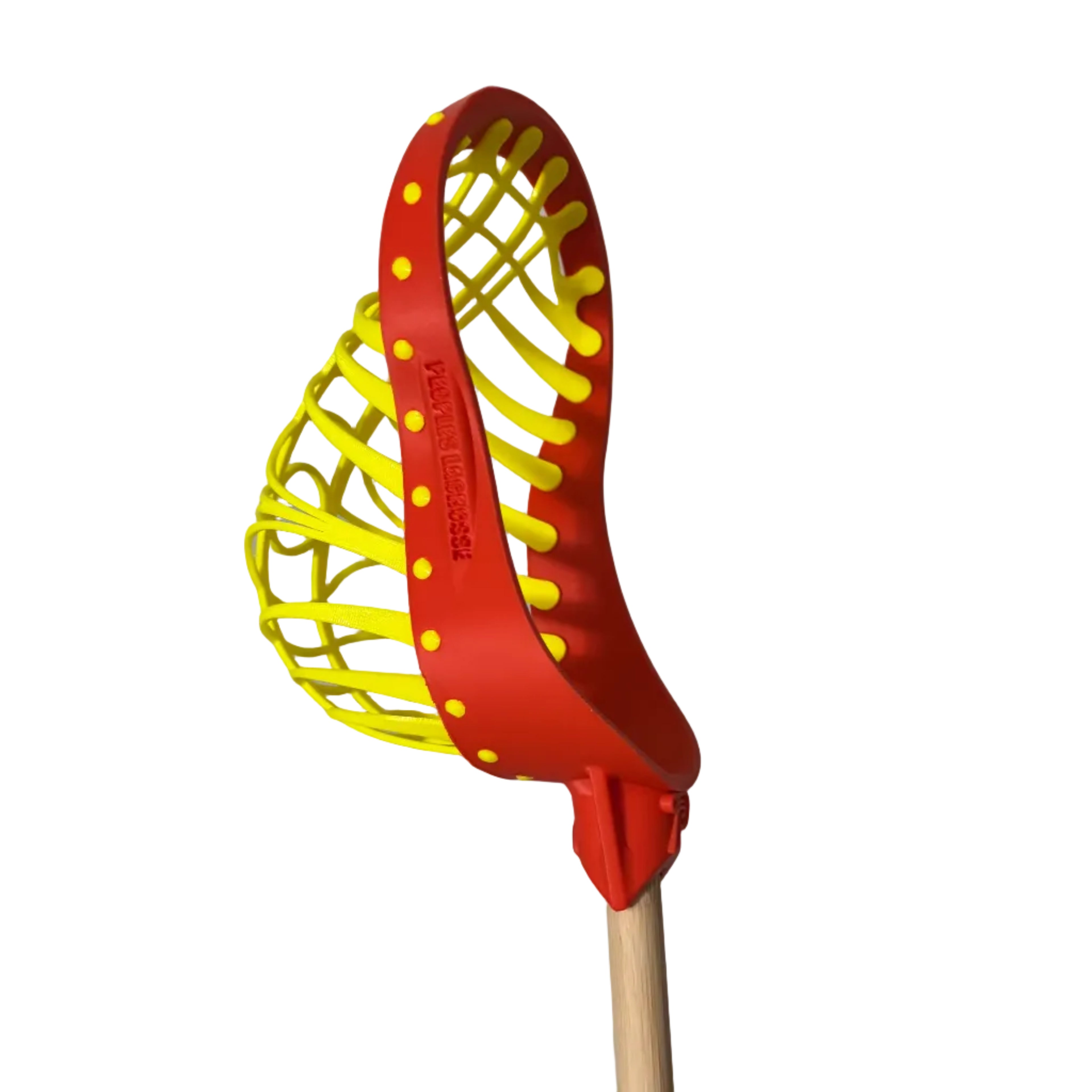 Orange and yellow lacrosse head on a white background
