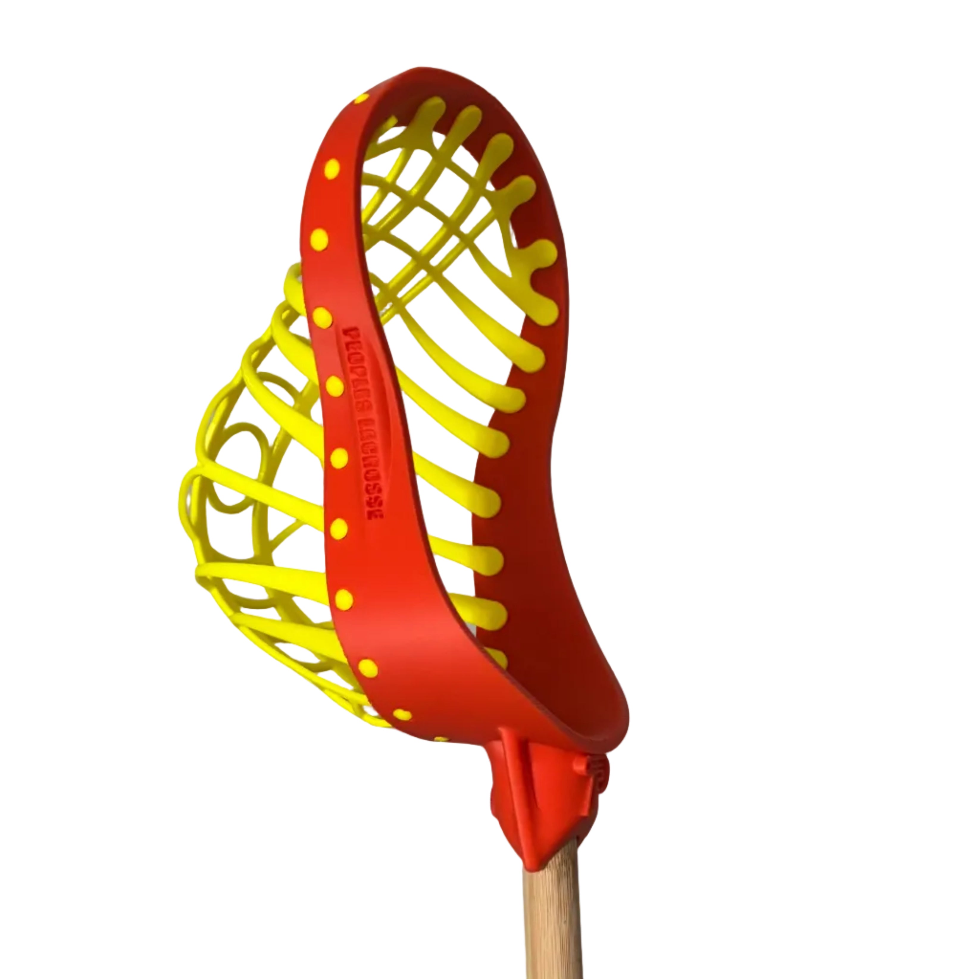Orange and yellow lacrosse head on a gray background