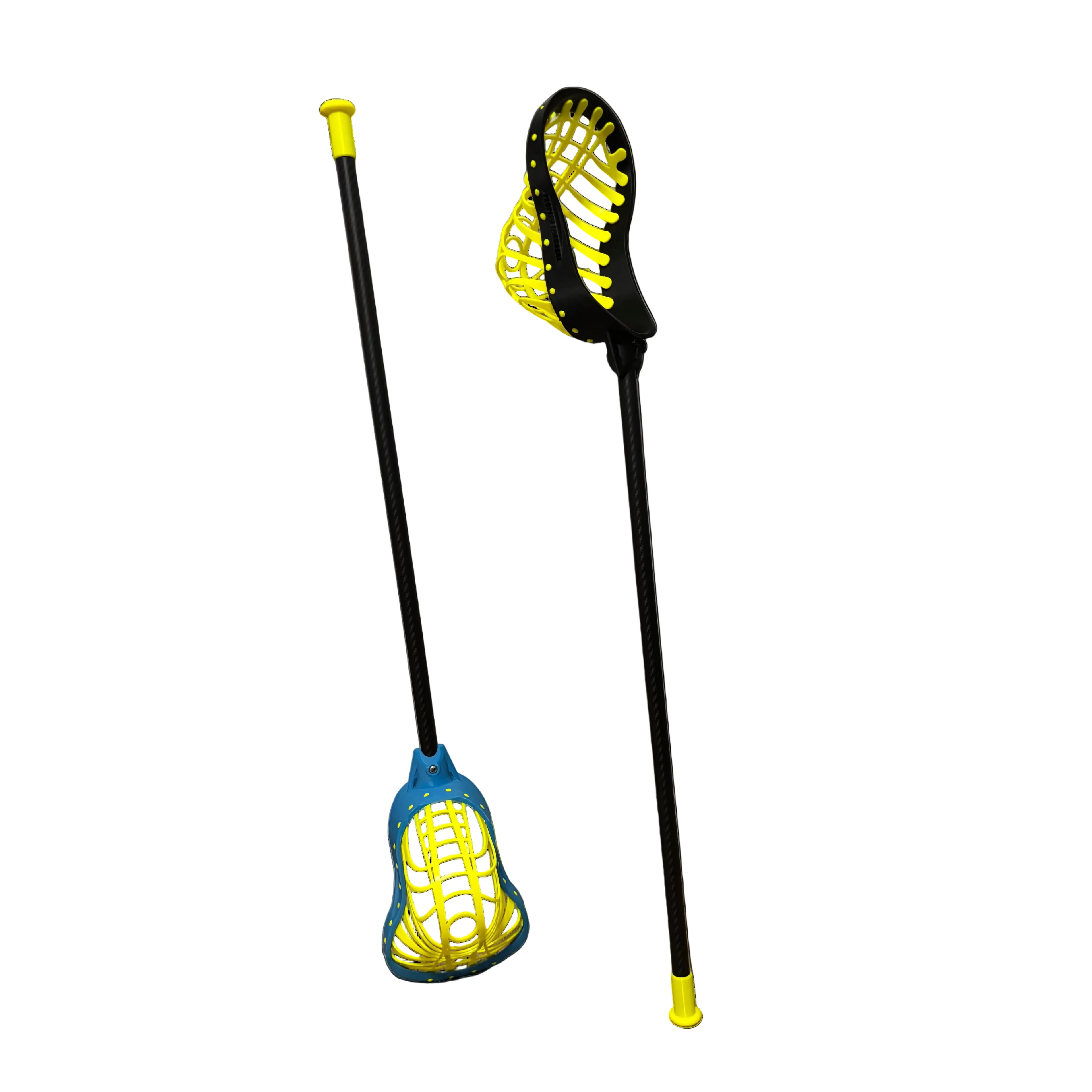 Two lacrosse sticks with yellow strings on a white background